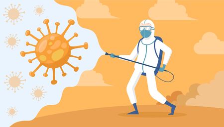illustration of virus covid disinfectant with illustration of viruses and man with safety suitのイラスト素材