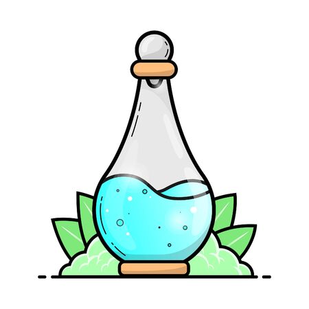 Flat design Potion bottle with light blue liquid with grass and leaf isolated in white backgroundのイラスト素材