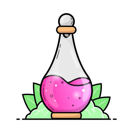 Flat design Potion bottle with pink liquid with grass and leaf isolated in white backgroundのイラスト素材