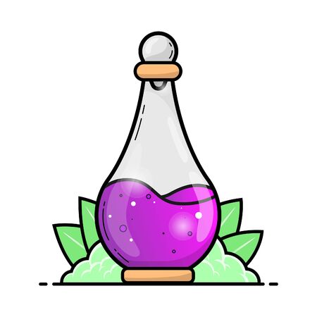 Flat design Potion bottle with purple liquid with grass and leaf isolated in white backgroundのイラスト素材