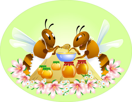 Shows two funny bees in cartoon style  They are engaged in canning jars of honey in the table  Achieved on a background of pink flowers のイラスト素材