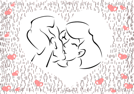 Illustration of couple in love with a kiss on the background of a frame with hearts  Can be used as greeting card for Valentine s Day のイラスト素材