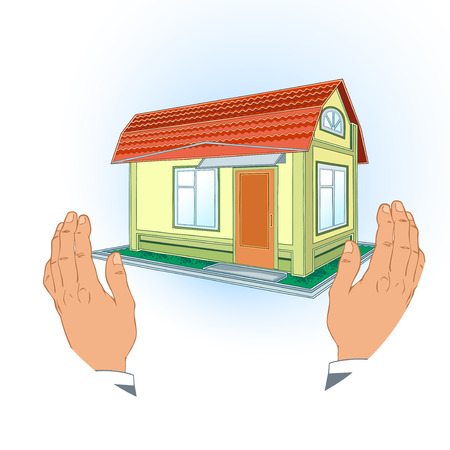  The illustration shows the model a modern house in hands human  Illustration made on isolated background and separate layersのイラスト素材