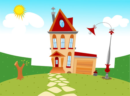 Displaying tiny cartoon house and yard with lawn and lantern  Vector on separate layers のイラスト素材