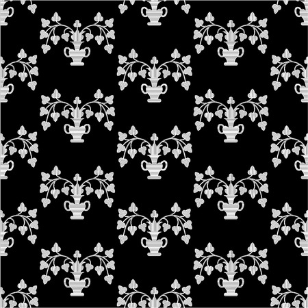 The illustration shows a seamless pattern with leaves in a vase, made in black and white versionのイラスト素材
