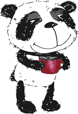Watercolor with a funny cartoon panda. She holds a cup in her paws. Isolated on white background.のイラスト素材