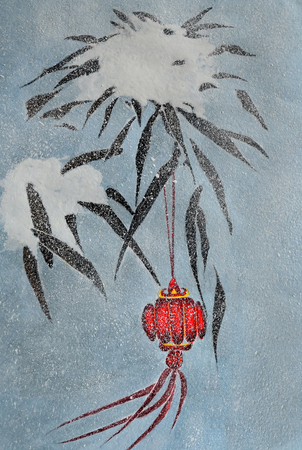 Watercolor lantern on bamboo snowy background. Watercolor made in traditional chinese style.の写真素材
