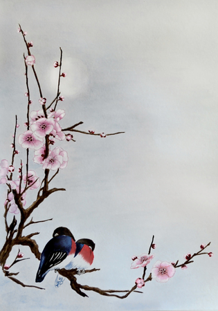 Red flowers of birds on tree Illustration executed in traditional chinese style.の写真素材