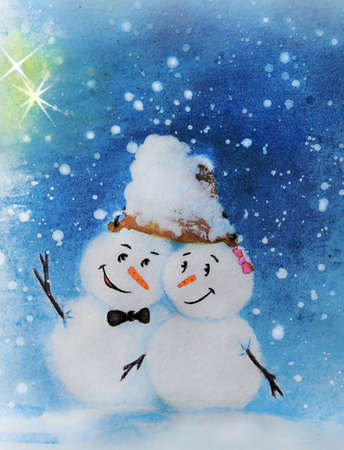 In the illustration a loving couple of snowmen. Snowman and Snow-woman with snow snowfall background. Handmade watercolor drawing for christmas greetings and love cards. Valentine's Day and winter holidays sale bannerの写真素材