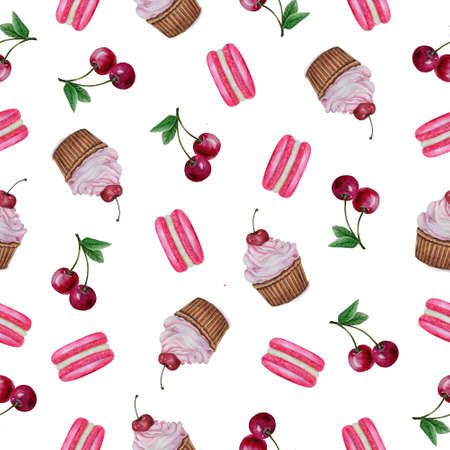 Watercolor seamless pattern with cakes, cherries and macaroons on a white backgroundの写真素材