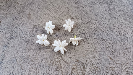 White jasmine flowers on the wooden background. Top view.