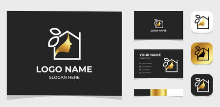 Template Logo Creative Leaf, house or home and women face gold concept. Creative Template with color pallet, visual branding, business card and icon.のイラスト素材