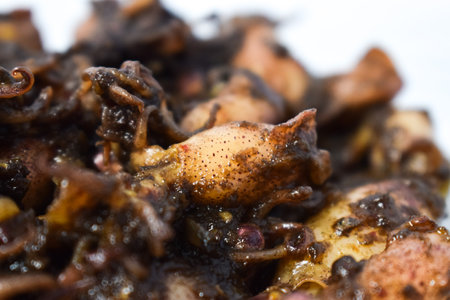 Close up Tumis Cumi, Oseng cumi or Stir Fried Squid placed on tranparent plate of glass isolated on white background. Indonesian foodの写真素材