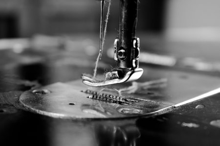 Vintage Black and White Close up Sewing machine and thread, vintage black and white conceptの写真素材