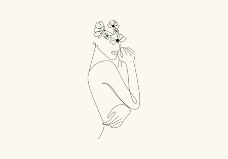 Logo Lady Flower Continous Line Art, Vogue Boho Minimalist Feminime Logo. Editable Fileのイラスト素材