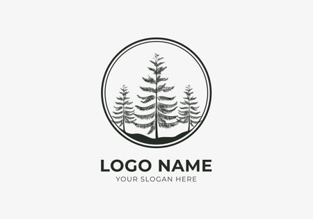 Logo Pine Forest, Pine Tree in circle Border. Nature, Botanical Logo design. Editable colorのイラスト素材