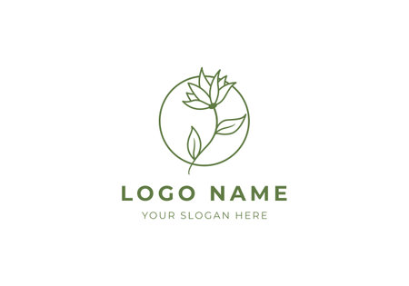 Logo line botanical flower branch in circle. Logo boho, floral, line handrawn. editable fileのイラスト素材