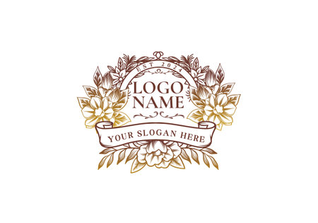 Logo Gold flowers frame vintage ribbon. Logo retro, floral, luxury. Editable fileのイラスト素材