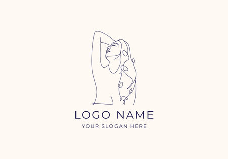 Logo line art woman hand head long hair. Logo lady, line continous. Editable fileのイラスト素材
