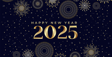 Creative design Happy New Year 2025 with fireworks in luxury gold color. trendy new year 2025 design...