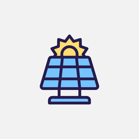 Solar panel with sun icon flat, free energy, ecology, renewable and green energy concept. Outline...
