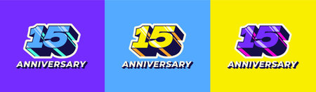 Logo 3D Retro Long Shadow Colorful 15th, 15th Happy Anniversary in Colorful 3D Retro with long...