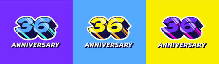 Logo 3D Retro Long Shadow Colorful 36th, 36th Happy Anniversary in Colorful 3D Retro with long...