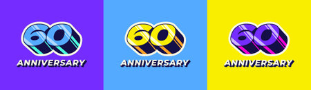 Logo 3D Retro Long Shadow Colorful 60th, 60th Happy Anniversary in Colorful 3D Retro with long...