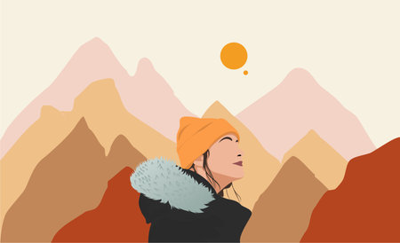 Women wearing jacket with mountain background. Flat illustration with nude color wall decor...
