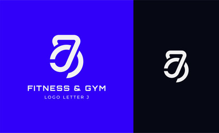 Logo Fitness letter J with Gym equipment concept. Dumbble, bumble, kettlebell concept. Fitness,...
