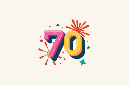 Logo Number Colorful 70th, 70th Happy Birthday or Anniversary with fireworks concept. Happiness and...