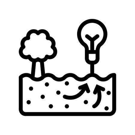Icon Line geothermal and soil energy charging bulb light. Renewable energy, ecology and energy alternative. Outline icon conceptのイラスト素材