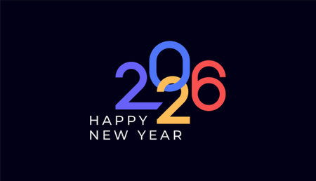 Happy New Year 2026 minimalist geometric style colourful. Celebration, greeting card, invitation,...
