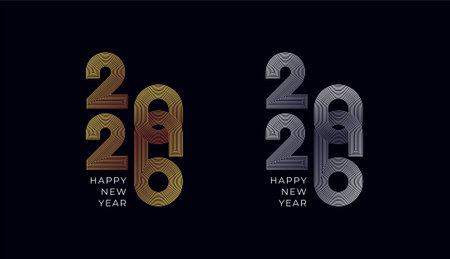 Happy New Year 2026 minimal geometric stripes line in gold and silver, celebration, greeting card,...
