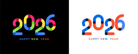 Happy New Year 2026 minimalist overlapping style with bright multicolour, celebration, greeting...