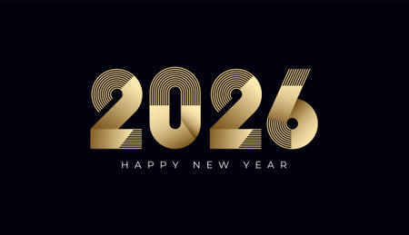 Happy New Year 2026 minimal geometric stripes line and shapes in gold and silver, celebration,...