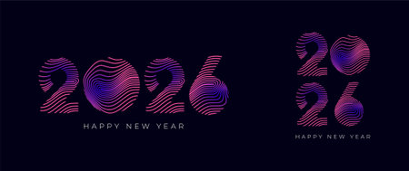 Happy New Year 2026 stripes line waves style in vibrant colour gradient, celebration, greeting card,...