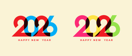 Happy New Year 2026 minimalist overlapping style with bright colourful, celebration, greeting card,...