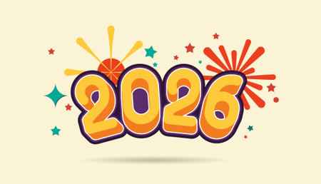 Happy New Year 2026 3d doodle colourful with fireworks, celebration, greeting card, invitation,...