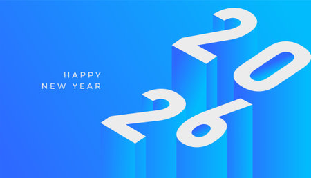 Happy New Year 2026 3d isometric futuristic gradient blue, celebration, greeting card, invitation,...