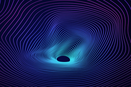 Tunnel 3d line wormhole abstract background. Big data hole sound wave effect distorted, future technology concept with copy space.のイラスト素材