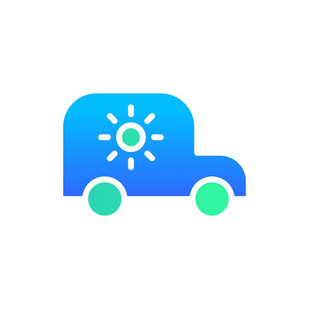 Icon Flat Gradient solar powered electric car with sun symbol. Free energy, ecology, renewable, green energy and solar power plant concept. Gradient blue and Flat icon.のイラスト素材