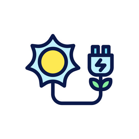 Icon Flat Outline plug in charge energy powered by sun energy. Free energy, ecology, renewable, green energy and solar power plant concept. Colourful and Line color icon.のイラスト素材