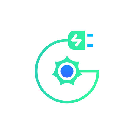 Icon Flat Gradient plug in charge energy powered by sun energy. Free energy, ecology, renewable, green energy and solar power plant concept. Gradient blue and Flat icon.のイラスト素材