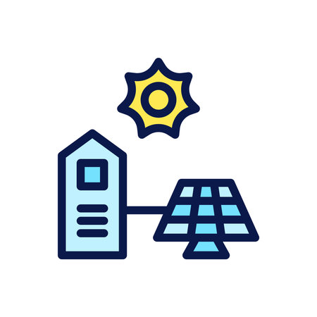 Icon Flat Outline green house powered by solar panel. Free energy, ecology, renewable, green energy and solar power plant concept. Colourful and Line color icon.のイラスト素材