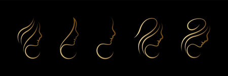 Logo Collection line art women in luxury gold. Elegant, beauty, fashion concept.のイラスト素材