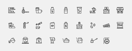 Icon set outline coffee shop, barista and equipment coffee maket. Espresso machine milk mokapot v60 filter etc in collection icon line.のイラスト素材
