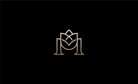 Luxury Logo Lotus or Tulip Flower With Letter M. Nature, Feminine and Beauty with Gold Colour Creative Template. Glamour, Modern and Minimalist Conceptのイラスト素材