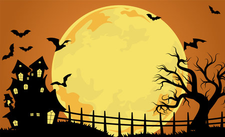 Halloween background banner haunted house and big dead tree with big full moon as background with copy space. Halloween illustration design.のイラスト素材