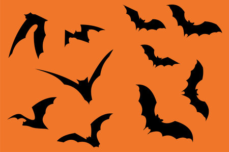 halloween collection clip art creepy silhouette flying bats. Halloween illustration design.のイラスト素材